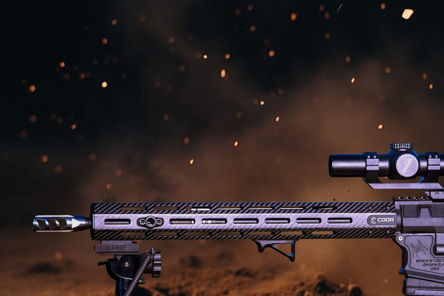Close-up of a sleek carbon fiber rifle on a dynamic, smoky background showcasing advanced design