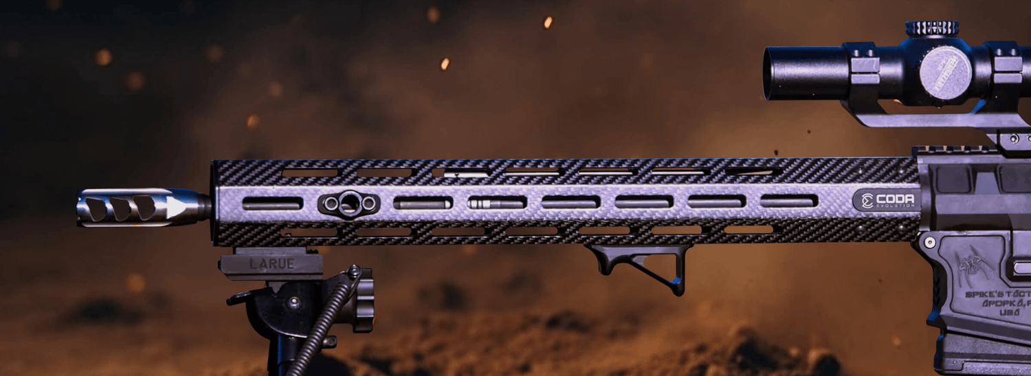 Detailed view of a CodaEvolution rifle showcasing its sleek design and accessories