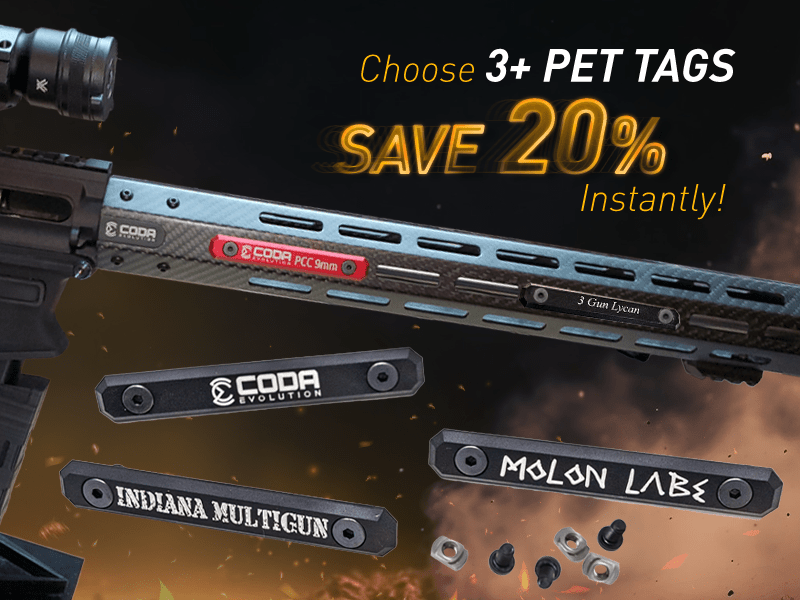 Coda Evolution gun accessory sale featuring pet tags with 20% discount offer