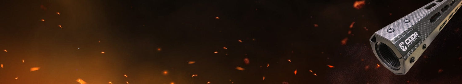 Close-up of a sleek firearm component against an abstract fiery background