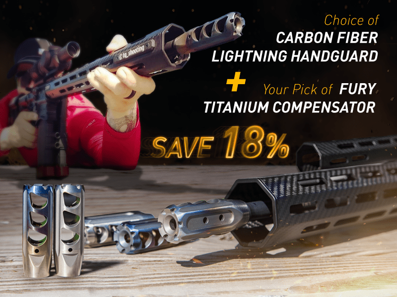 Person holding rifle with carbon fiber handguard and titanium compensators, save 18% offer
