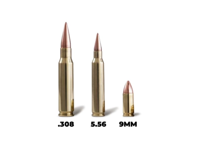 Comparison of three bullet types: .308, 5.56, and 9MM showcasing size differences