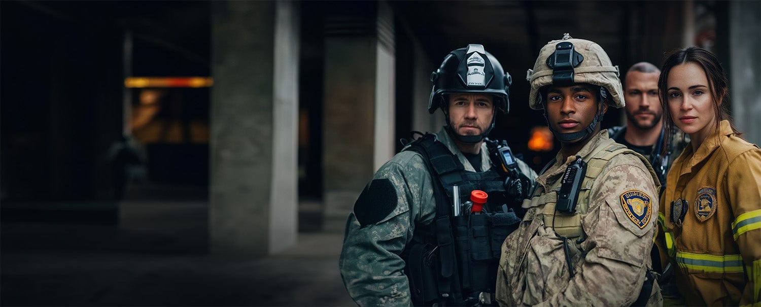 A diverse team of emergency responders in tactical gear, standing confidently together