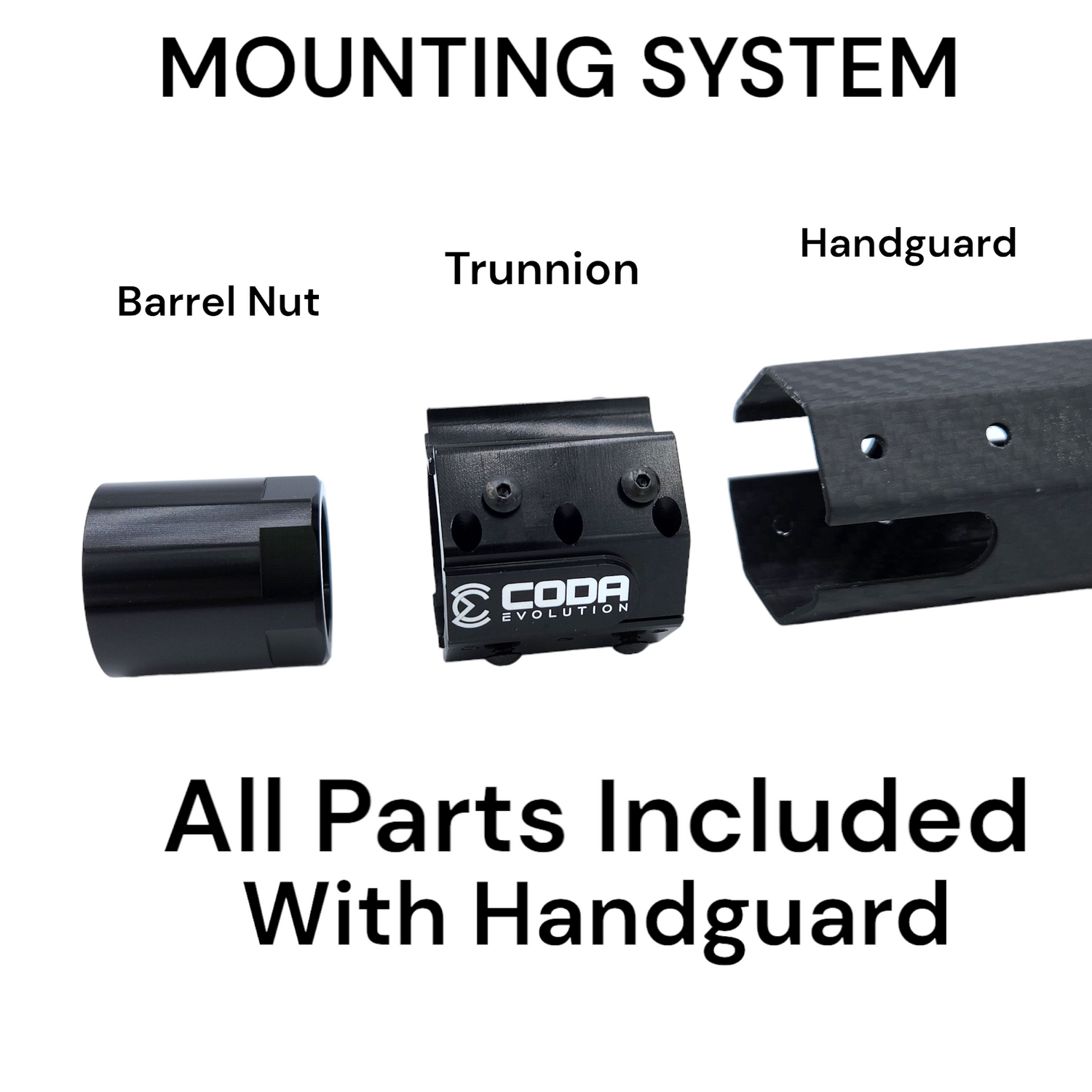 Coda Evolution mounting system components including barrel nut, trunnion, and handguard